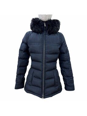 Prada Fur Hooded Zip UP Down Coat Navy 40